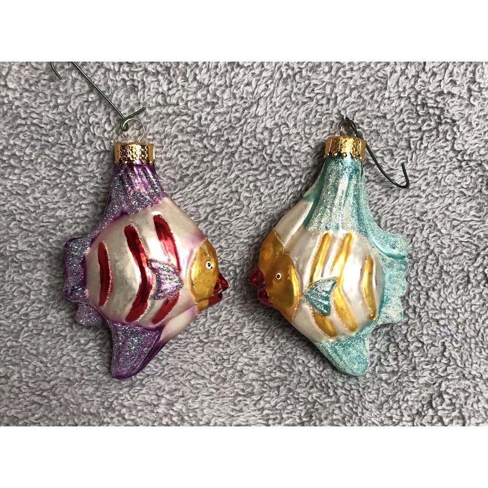 Set of 2 Hand Blown Glass Glitter Tropical Fish Christmas‎ Tree Ornaments